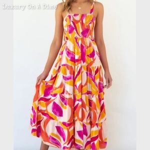 Bright Vibrant Abstract Sleeveless Smocked Bodice Summer Colorful Maxi Dress